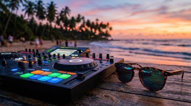 DJ controller lights reflecting in sunglasses at a beach party during twilight with blurred palm trees.