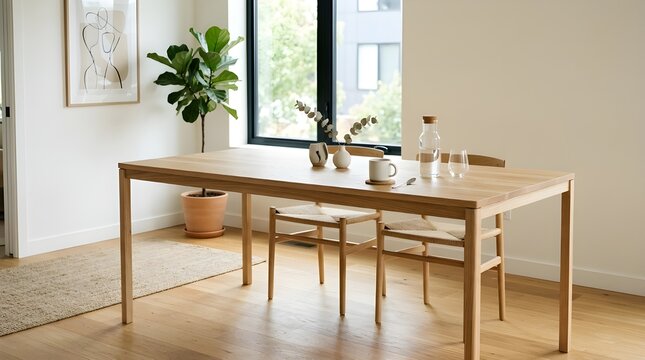 Elegant Wooden Dining Table with Minimalist Vase Decor and Glassware