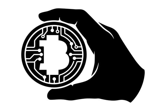 Hand holding bitcoin cryptocurrency logo isolated on transparent background, Vector