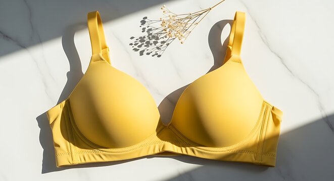 Yellow seamless bra on marble surface with dried flowers and shadows