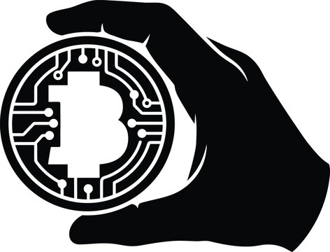 Hand holding bitcoin cryptocurrency logo isolated on transparent background, Vector