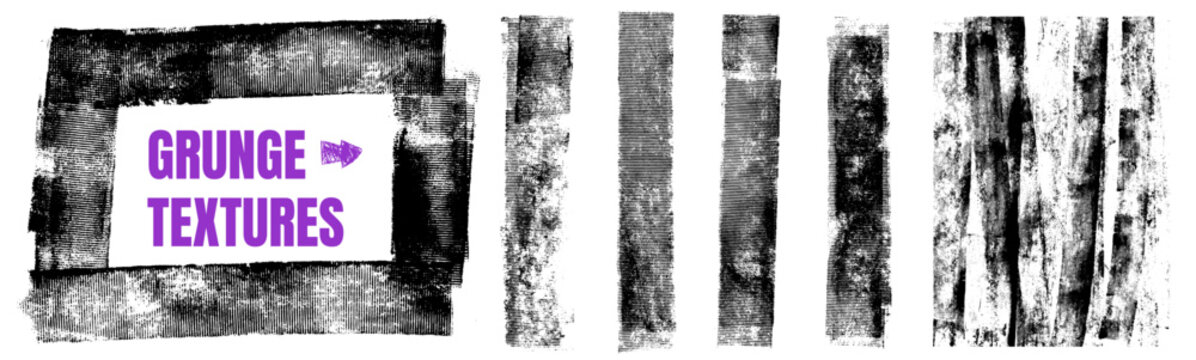Texture roller ink streak frame with paint print for collage layout and social media. Grunge stamp and letterpress rectangle square linocut. Texture roller vector set with charcoal relief isolated.