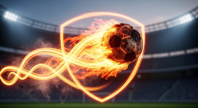 Flaming soccer ball shield with glowing orange outline in stadium