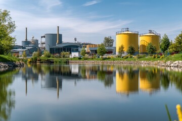 Fototapeta premium Industrial factory with yellow storage tanks by a serene pond