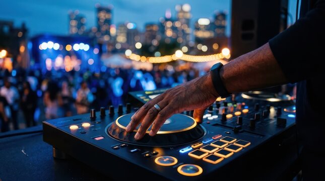Detail of a DJ hand manipulating a jog wheel at a twilight block party with a blurred urban skyline background.