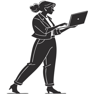 Professional businesswoman silhouette in smart casual attire walking confidently while holding and typing on a modern laptop representing digital nomadism and remote work concepts