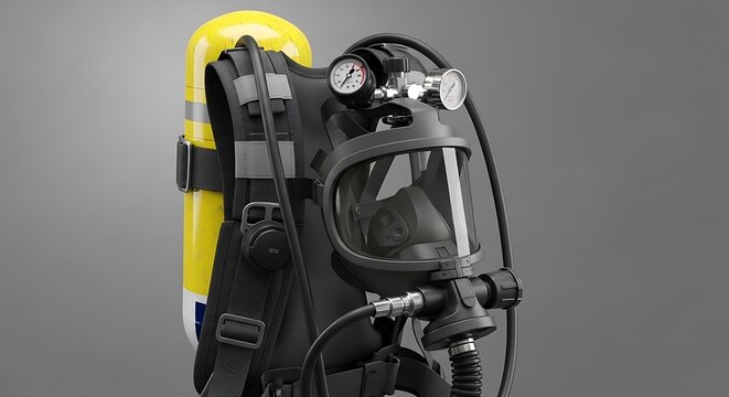 Self-contained breathing apparatus (SCBA) with yellow air cylinder, mask, and gauges. Essential respiratory protection for hazardous environments and emergency use