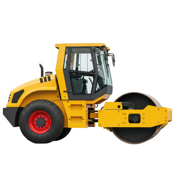 Yellow road roller compacting asphalt surface isolated on transparent background