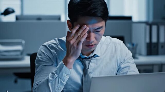 Stressed Asian Professional Enduring Exhaustion, Overwork, and Workplace Headaches