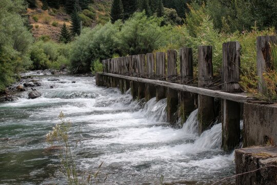 Rustic wooden weir on a flowing mountain river