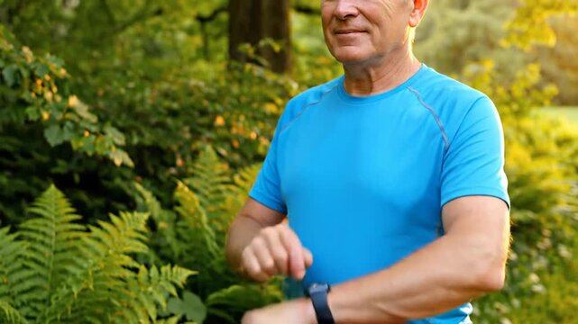 Adult man checking smartwatch outdoors during fitness activity