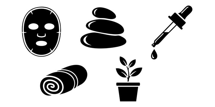 Spa scene with face mask, rolled towel, stones, plant, and dropper.