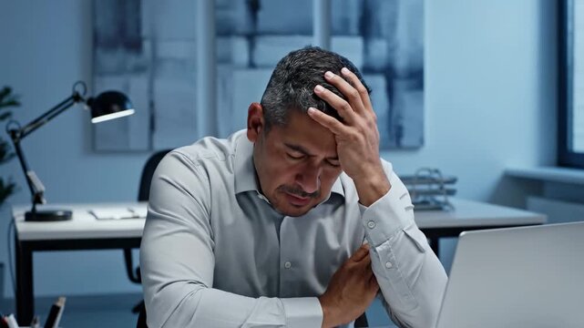 Stressed Businessman Overwhelmed By Work Struggles While Working At Night In The Office