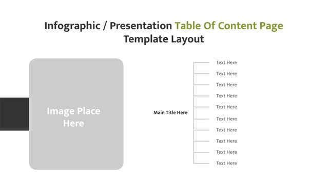 Infographic presentation template with image placeholder and table of content text boxes