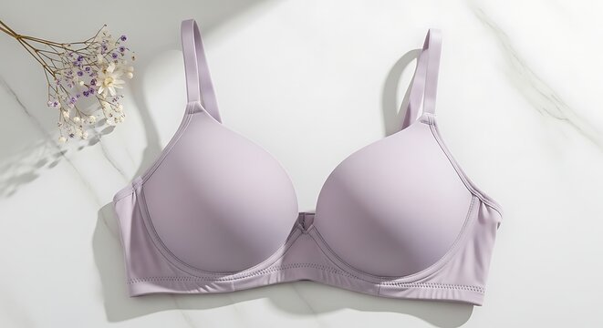 Light purple seamless bra on white marble background with flowers