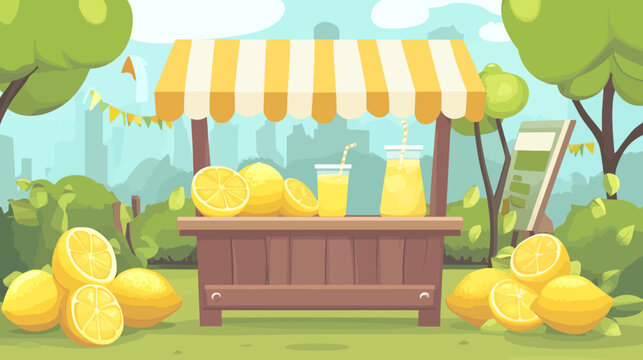 Cartoon-style illustration depicts a lemonade stand with fresh lemons, drinks, and a sign