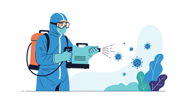 Professional worker wearing a full blue hazmat suit and gear spraying disinfectant to kill viruses and bacteria in a clean indoor environment.