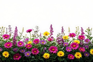 Fototapeta premium Many small violet and purple flowers bloom in the colorful spring garden and nature field, showcasing beautiful pink petals and green flora during the summer blossom season
