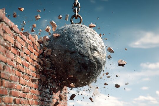 Wrecking ball smashing into a brick wall, causing destruction and debris