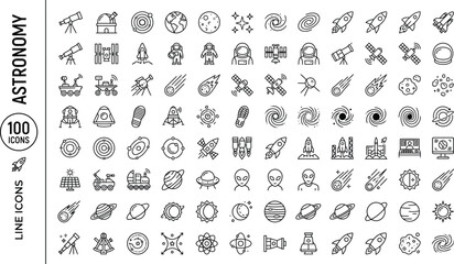 Astronomy line icons set with 100 black and white symbols for science and space exploration concepts © fahim