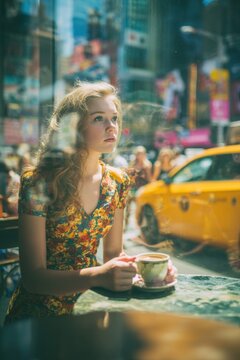 Spring Summer outdoor leisure relaxation activity. A vivid portrayal of a young woman seated at a table in a bustling urban setting. She holds a cup of coffee, her gaze directed away from the camera.