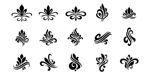 A collection of elegant black illustrations of various fleur-de-lis designs on a white background. © Dhani