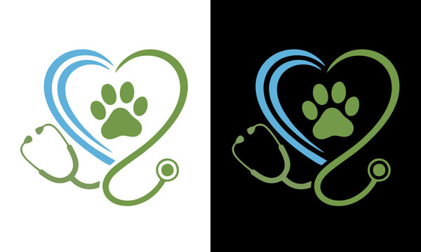 Veterinary care symbol with stethoscope and paw print in heart