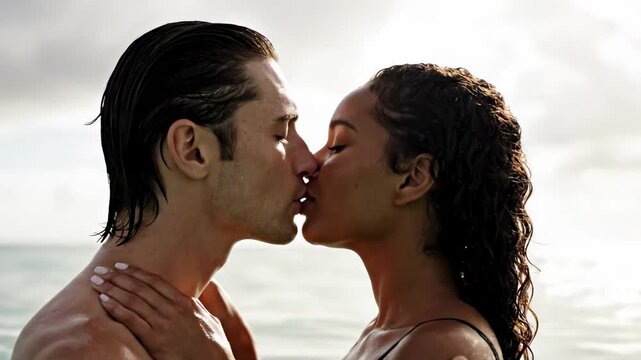 Couple kissing in the ocean, close romantic profile with wet slick hair, soft coastal backlight, gentle embrace, white manicure detail, calm sea horizon, elegant summer love portrait at dawn