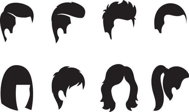 Collection of diverse hairstyles for men and women silhouette hair shapes black icons isolated.