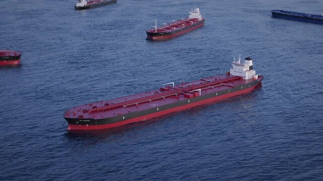 Drone Shot of Crude Oil Tanker Ships Anchored in Bay. Aerial View of Oil Tankers anchored offshore in the Sea. Strait of Hormuz Blockade concept. 3d Animation Render