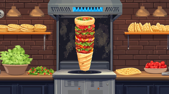 A vibrant cartoon illustration of a shawarma preparation featuring a towering stack of ingredients