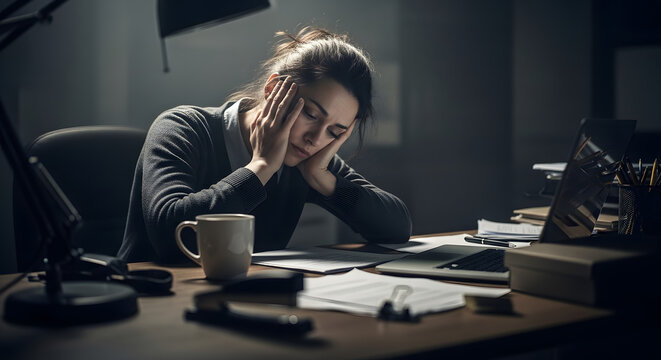 Woman sitting at office desk stressed.