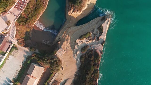 Aerial View Tracking Over Canal d'Amour Cliffs and Turquoise Sea in Sidari Corfu Greece