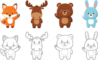 Fototapeta premium Cute Woodland Animal Character Set with Fox Moose Bear and Bunny Cartoon and Outline Vector Collection for Kids Coloring Book and Illustration