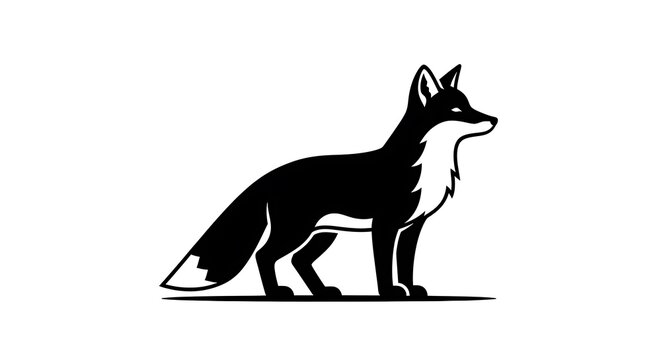 Fox illustration vector in minimalist black and white flat art style standing on white floor.