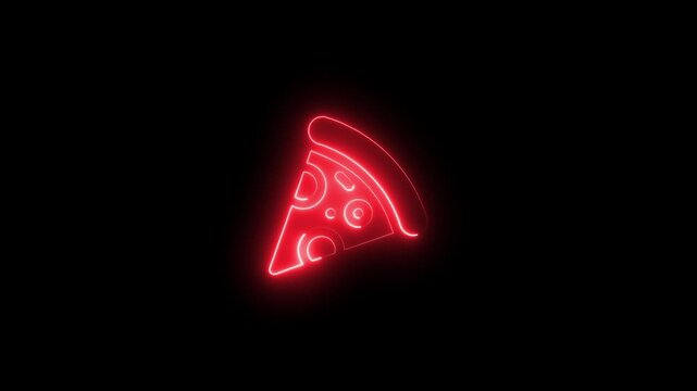 Red neon pizza slice sign glowing on black background food symbol
