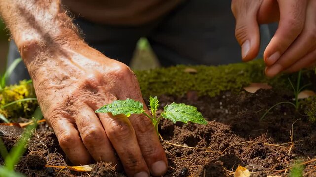 Hands Planting Small Seedling in Rich Soil Surrounded by Greenery in Bright Sunlight