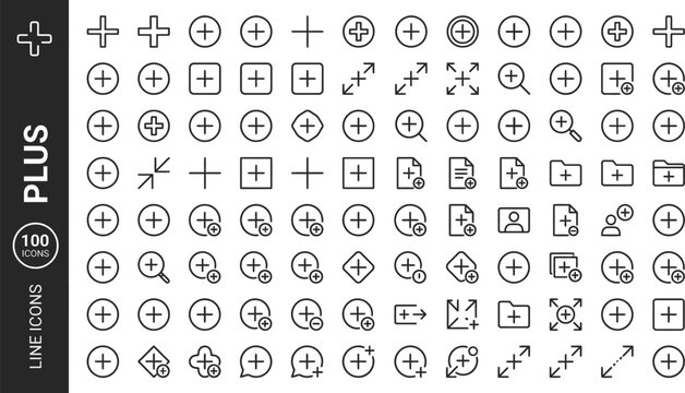 Collection of 100 line icons with plus signs and symbols for design and development on a white background with a black sidebar