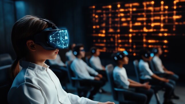 Virtual reality experience engaging students classroom digital learning technology hub close-up view educational innovation