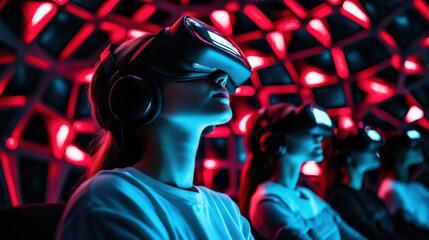 Obraz premium Virtual reality experience gaming center digital interaction futuristic room immersive environment technology exploration