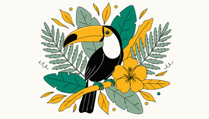 Naklejka premium A colorful exotic toucan with a large orange beak and black feathers perches on a tropical tree branch within a wild Brazilian rainforest jungle