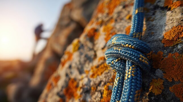 Climbing rope with knot tied on mountain rock. Climber man scaling steep cliff in background. Extreme sport, adventure and safety equipment, outdoor recreation, endurance challenge.