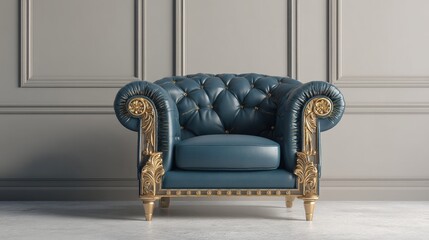 Fototapeta premium Luxury leather blue chair with gold carved wood details. Classic armchair interior design in royal style. Elegant furniture for home living room or office decor. Sophisticated furniture.