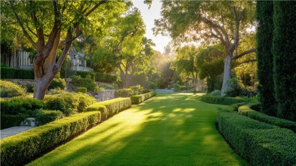 Naklejka premium Green garden with manicured lawn and trimmed hedges. Landscaped park path with sunlight rays between trees. Serene nature scenery for landscape design and peaceful recreation concept.