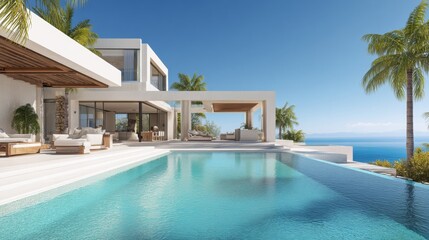 Fototapeta premium Modern white luxury villa with infinity pool overlooking calm ocean. Relaxing summer vacation home architecture with terrace and palm tree. Residential building design for travel resort.