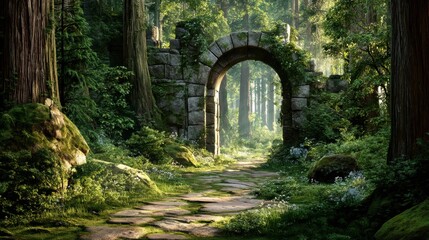Obraz premium Stone archway ruins in a forest. Ancient mossy gate standing on a path among tall trees with light rays. Concept of fantasy world, nature mystery, hidden entrance and historical site.