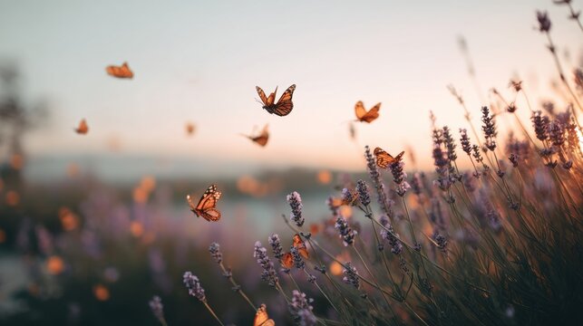 Monarch butterflies flying over lavender field at sunset. Swarm of insects pollinating purple flowers in meadow. Nature landscape with soft golden evening light. Serene summer environment.