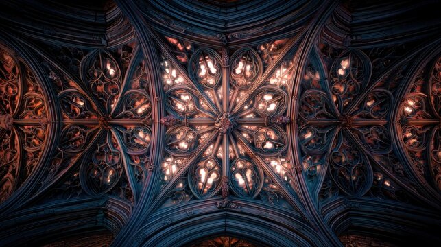 Ornate gothic vaulted ceiling in historical cathedral. Intricate stone rib architecture with glowing warm illumination. Classic European religious interior design and cultural heritage.