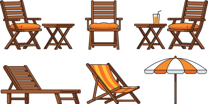 Outdoor Wooden Furniture Set with Garden Chairs, Tables, Sun Lounger, Beach Chair, and Umbrella for Summer and Patio Design Projects
