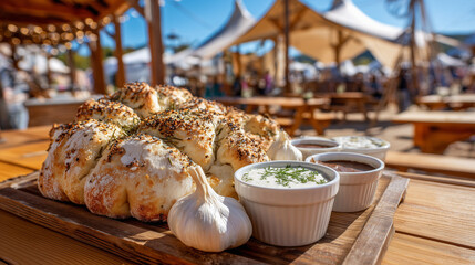 Fototapeta premium Gilroy Garlic Festival celebrates food with garlic bread on display